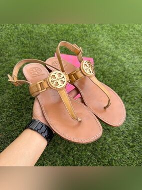 Tory Burch Women’s Tan Leather T-Strap Sandals with Gold Buckle